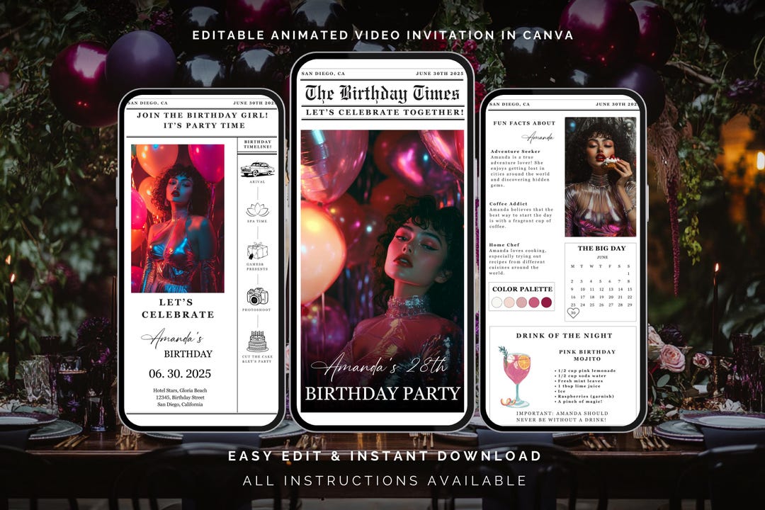 Digital Birthday Animated Invitation, Party Newspaper Video Invitation ...