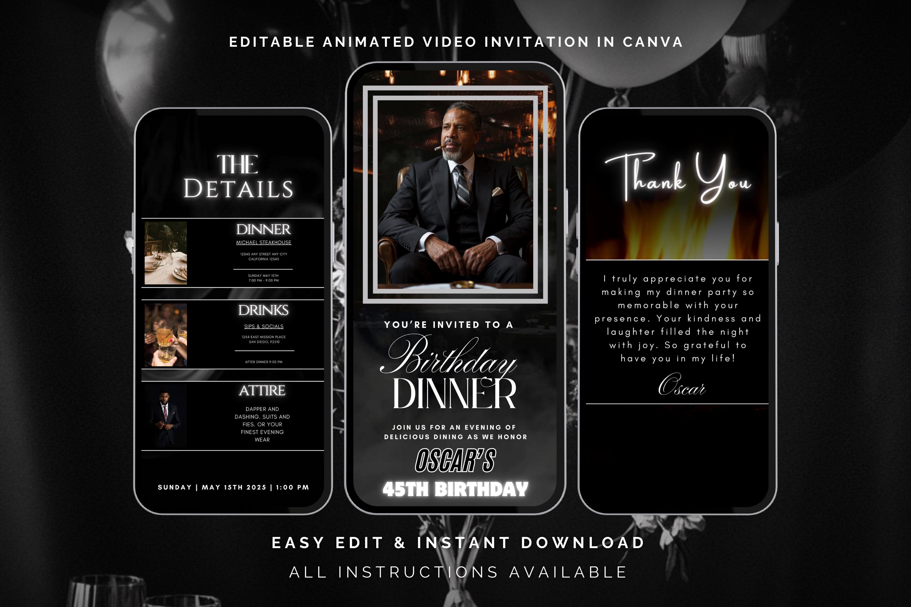 Animated Birthday Dinner Invitation, DIY Template Design, Men's Party Video Invite, Premade Gold Party Celebration Event Digital Einvite