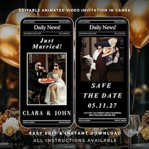 Hochzeitseinladungs-Video animierte Vorlage, anpassbare Antwortkarte, digitales Save the Date, bearbeitbares Canva einladen, digitales Video einladen Canva