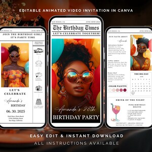 Zeitung Mobile Geburtstagseinladung, animierte Digitale Geburtstagsparty Ankündigung, Musik Canva Vorlage Retro Geburtstag Videoeinladung