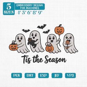 Cute Ghost Embroidery Design, Trick or Treat Ghost Family Machine File, 5 Sizes, Dst Pes Jef Exp Vp3, Tis The Season Halloween, Instant
