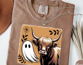 Shirtontwerp Highland Cow Ghost Halloween: retro herfst, png (digitale download)
