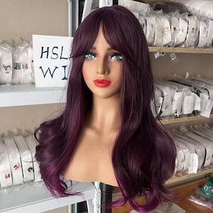 Synthetic Wigs Long Wavy Purple Wigs with Bangs Wigs for Women