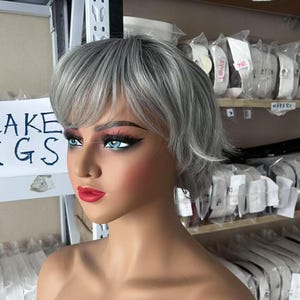Gray Pixie Cut Wig: Short Wavy Synthetic Hair
