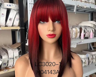 Wig: Short, Red Black Ombre wigs with Bangs Synthetic Hair Wig for women