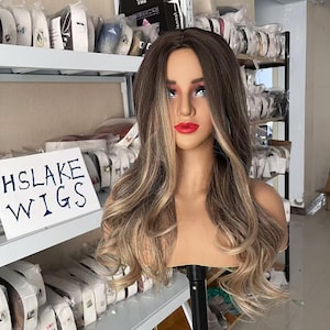 Wavy Synthetic Wigs Highlights Brown Ombre Wigs Middle Parted Wigs with Blonde Wigs for Women