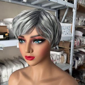 May include: A mannequin head featuring a short, layered pixie-style wig with a blend of silver, gray, and black hair. The mannequin has a smooth, light-toned complexion, bright blue eyes, dark winged eyeliner, and vibrant red lipstick.