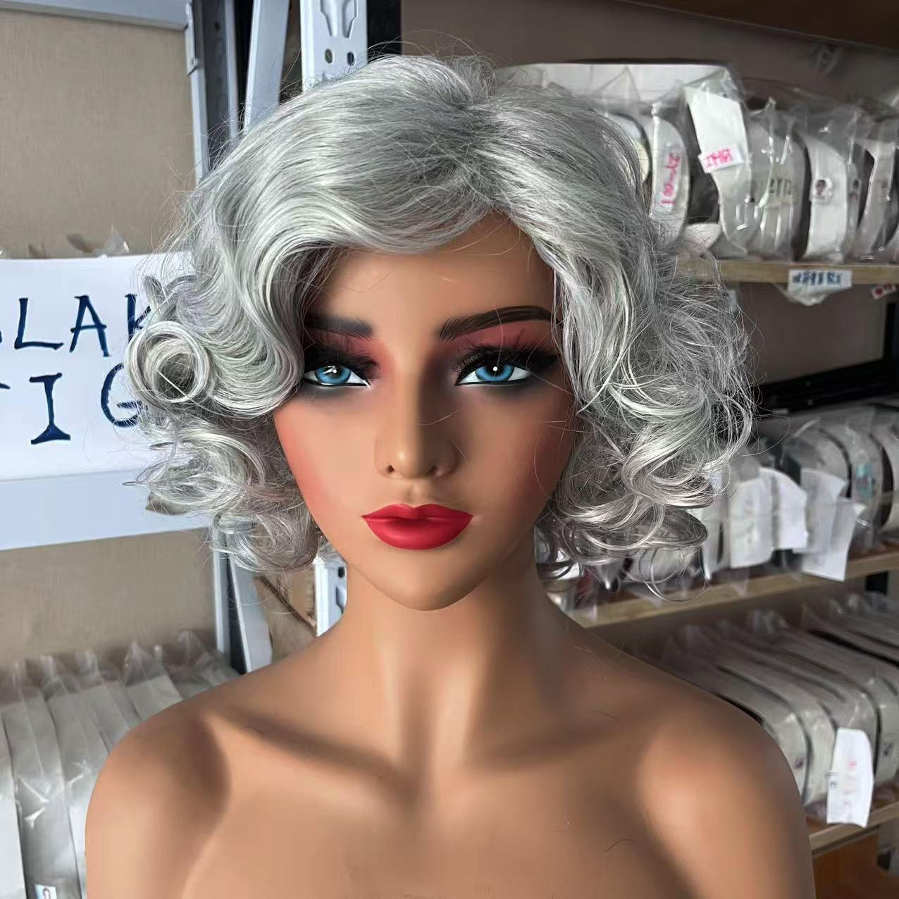 Short Silver Gray Curly Wig: Wavy Side Part Synthetic Wig