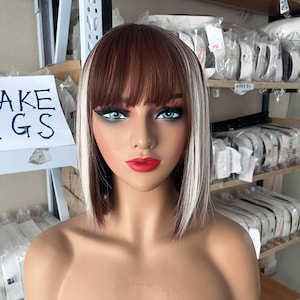 Short Bob Wig: Brown Highlights, Bangs, Synthetic Wig