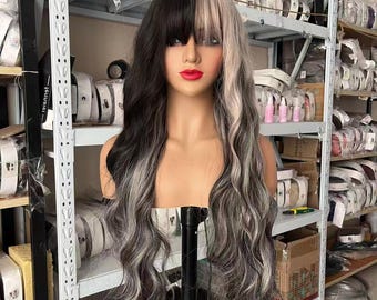 Perücken: Lang, Curly Wavy, Schwarz Grau, Synthetische Perücken, mit Pony für Frauen