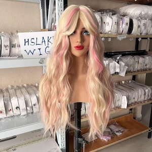 Synthetische Perücken Lange Wavy Perücken Bonde Perücken mit Pink Highlights Perücken mit Pony Perücken für Frauen