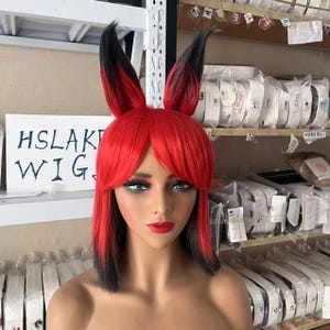 Pelucas de Alastor para cosplay, pelucas de Radio Demon, pelucas de dibujos animados, pelucas onduladas rojas y negras, pelucas sintéticas, pelucas de personajes de películas, pelucas de rol para hombres y mujeres.