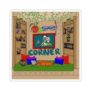 May include: A green window seat with a red, white, and blue striped cushion, a blue and purple cushion, and a book on top. A tiger cat is sleeping on the seat. There are two bookshelves on either side of the window seat, and a framed picture of pandas above the seat. The text "CORNER" is written in blue letters on the wall.