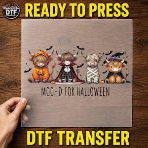 Op de afbeelding: Een transparant DTF-transfervel met vier cartoon Highland-koeien verkleed voor Halloween. Eén draagt een pompoen-hoodie, één een vampiercape, één is gewikkeld als een mummie en één draagt een heksenhoed. De tekst luidt MOO-D FOR HALLOWEEN.
