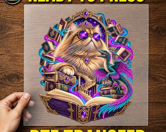 May include: A DTF transfer sheet featuring a fluffy cat wearing a crown and purple sunglasses, surrounded by floating books, a spiral staircase, and a small feathered dinosaur. The design includes vibrant purple, blue, and gold accents.