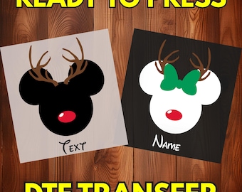 Mickey Minnie Reindeer DTF Transfer, Personalized Christmas Mouse, Custom Name Ready to Press