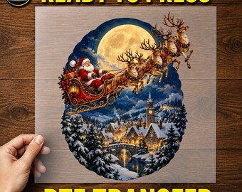 Vintage Santa Sleigh Moonlit Village DTF Transfer, Christmas Night Art