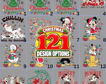 May include: A grid of sixteen graphic designs featuring Disney characters in Christmas themes, including Mickey Mouse, Minnie Mouse, Donald Duck, Pluto, Olaf, and various princesses, with text like Best Christmas Ever and 121 Design Options.