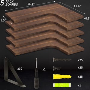 May include: Five-pack of dark brown wooden corner shelves, each measuring 16.1" x 11.4" x 0.6" and 5.5" thick. Includes black metal brackets, screws, wall anchors, a screwdriver, and a level. The text reads "5 PACK BOARDS".