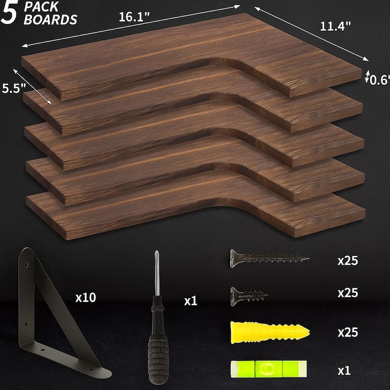 May include: Five-pack of dark brown wooden corner shelves, each measuring 16.1" x 11.4" x 0.6" and 5.5" thick. Includes black metal brackets, screws, wall anchors, a screwdriver, and a level. The text reads "5 PACK BOARDS".