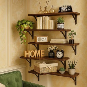 May include: A set of four dark brown wooden floating shelves mounted on a wall, each supported by black metal brackets. The shelves are decorated with books, plants, a radio, a clock, and a basket. The word "HOME" is displayed on one shelf.