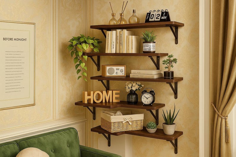 May include: A set of four dark brown wooden floating shelves mounted on a wall, each supported by black metal brackets. The shelves are decorated with books, plants, a radio, a clock, and a basket. The word "HOME" is displayed on one shelf.