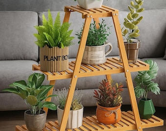 3-Tier Bamboo Plant Stand, Indoor Outdoor Ladder Shelf & Flower Rack