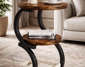 3-Tier Round Side Table, S-Shaped End Table with Storage Shelf, Rustic Brown Nightstand, Small Space Accent Table, Wood Metal Sofa Table