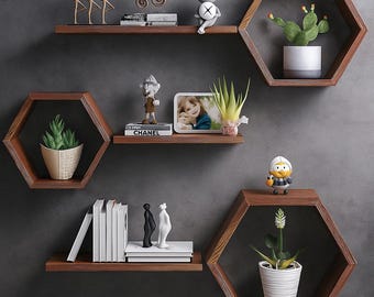 Rustic Pine Honeycomb Shelves: Set of 6 Wooden Hexagon Floating Shelves