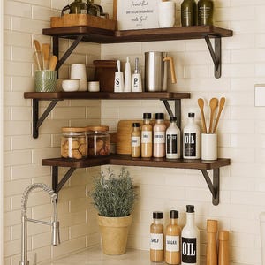 May include: A kitchen scene with dark wooden shelves holding various items. Glass bottles, jars, and containers with labels are visible. A framed print with text is on the top shelf. A potted plant and a stainless steel faucet are in the foreground.