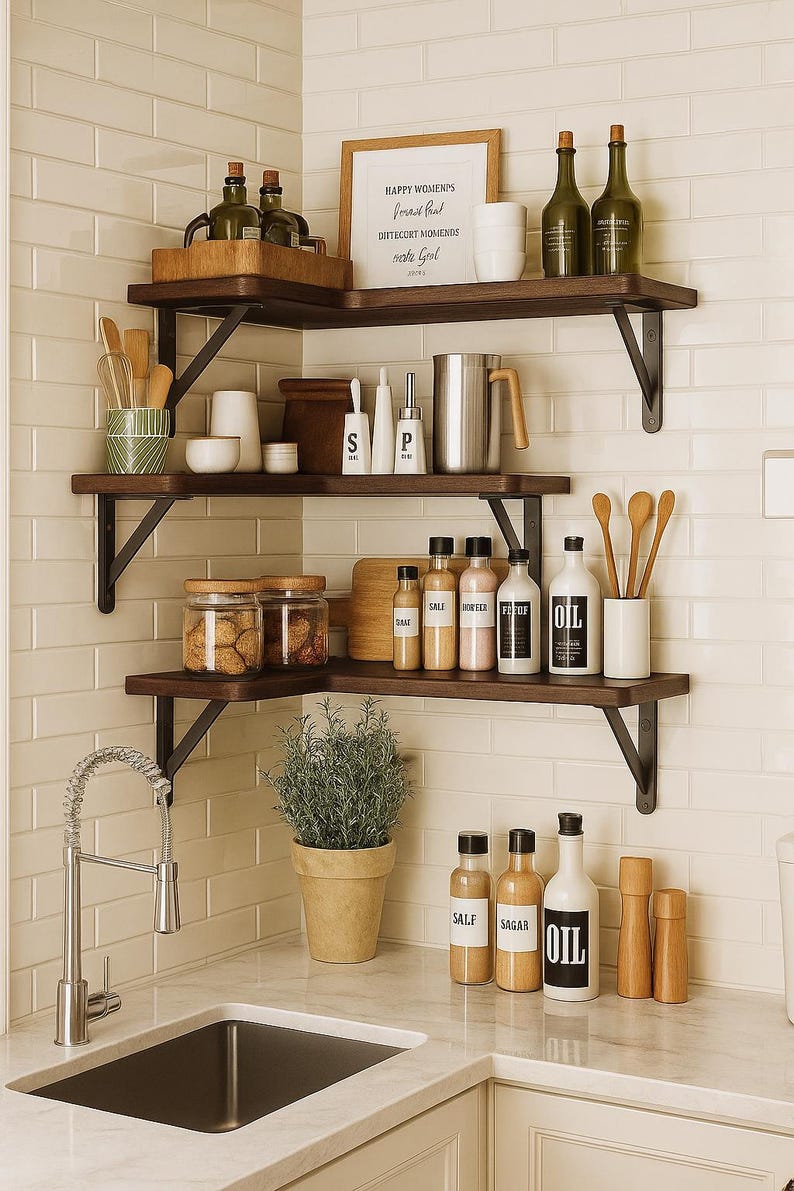 May include: A kitchen scene with dark wooden shelves holding various items. Glass bottles, jars, and containers with labels are visible. A framed print with text is on the top shelf. A potted plant and a stainless steel faucet are in the foreground.