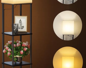 Modern Black Floor Lamp with Shelves: 3-Color LED Bulb