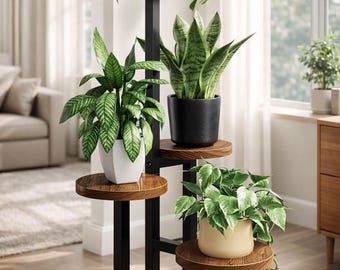 5-Tier Corner Plant Stand – Metal & Wood Indoor Display Shelf