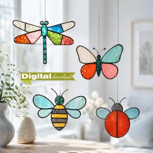 Glas-in-lood insectenpatronen – Libelle, vlinder, bij, lieveheersbeestje raamhanger sjablonen (digitale download)
