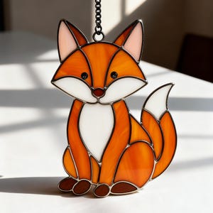 Puede incluir: Adorno de zorro de vidriera con una cadena para colgar. El zorro presenta piezas de vidrio naranja, blanco y marrón, con ojos negros y una nariz marrón. El zorro está sentado, con la cola curvada hacia un lado. Un artículo decorativo.