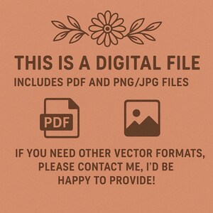 May include: A digital file announcement on a terracotta background. The text reads "THIS IS A DIGITAL FILE" and "INCLUDES PDF AND PNG/JPG FILES." Below are icons for PDF and image files. Decorative floral elements are at the top.