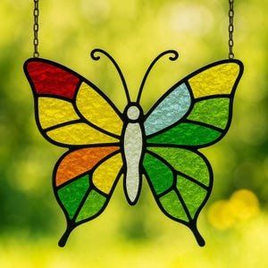 May include: A stained glass butterfly with a black outline and a variety of colors, including red, yellow, orange, green, and blue. The butterfly is suspended by two chains.