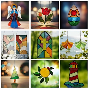 May include: A collection of colorful stained glass art pieces, including an angel, a tulip, a sunset over water, abstract panels, a church window with a cross, ginkgo leaves, a Christmas tree, a sun with leaves, and a lighthouse.