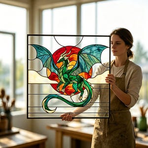 Pode incluir: Um painel de vitral quadrado com um dragão verde de asas abertas em frente a um grande sol vermelho e laranja. O dragão tem uma cauda longa e chifres brancos, sobre um fundo de nuvens cor de creme e linhas de chumbo pretas.