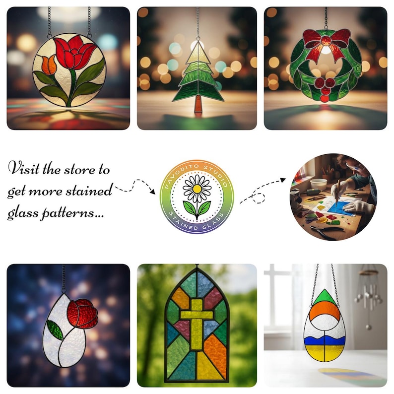 May include: A collection of stained glass art pieces, including a red tulip, a green Christmas tree, and a holiday wreath. Other pieces include a rose, a cross, and an abstract design. The image also includes the text "Visit the store to get more stained glass patterns..."