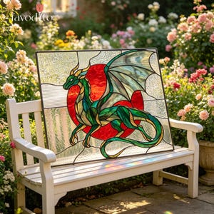 May include: A rectangular stained glass panel featuring a green dragon with outstretched wings positioned in front of a large red circular sun. The dragon has gold accents and is set against a background of clear, textured glass panes.