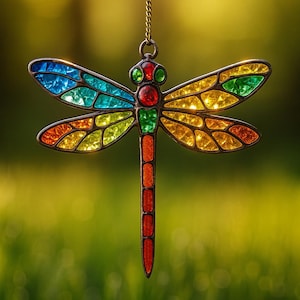Puede incluir: Un atrapasoles de libélula de vidrieras con un marco de metal color latón. La libélula presenta paneles de vidrio de colores en tonos de azul, verde, amarillo, naranja y rojo. Cuelga de una delicada cadena, ideal para la decoración.