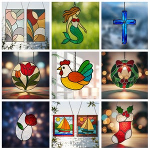 May include: Collection of stained glass window hangings. Includes a mermaid, a cross, a rooster, a Christmas wreath, a tulip, a sailboat, a Christmas stocking, and two abstract designs. Each piece is outlined in black and has a chain for hanging.