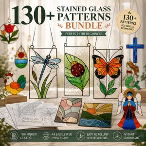 May include: A digital bundle of 130+ stained glass patterns featuring various designs like a dragonfly, butterfly, ladybug, and angel. The collection includes printable sheets with line art and finished glass examples, labeled as a PDF digital download.