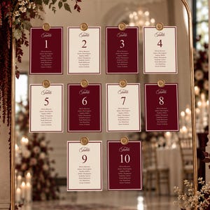 Cartões de Lista de Convidados para Casamento em Tons de Borgonha, Cartões de Mesa Estilo Clássico, Modelo Editável de Lista de Convidados no Canva, Decoração Elegante para Recepção de Casamento