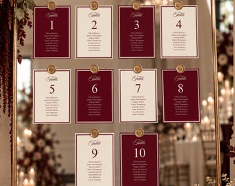 Tarjetas de distribución de mesas para bodas en color burdeos, tarjetas de mesa para invitados de estilo tradicional, plantilla editable de Canva para la lista de invitados, decoración elegante para la recepción de la boda.