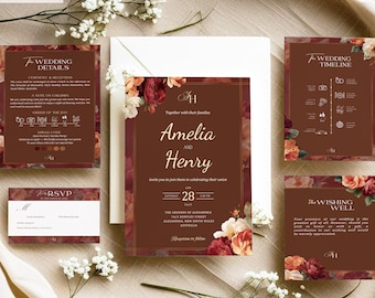 Conjunto de invitaciones de boda color burdeos, invitación editable en Canva, elegante invitación de boda color rojo vino, conjunto de boda de lujo, invitación imprimible.