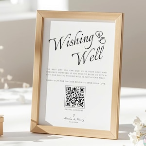 May include: A framed sign with the words "Wishing Well" in elegant script. The sign includes a QR code and text about a digital wishing well. The frame is light brown, and the background is white.