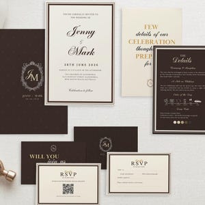 May include: A collection of wedding stationery, including invitations, RSVP cards, and detail cards. The main invitation features the names "Jenny & Mark" and the date "28th June 2026". The color scheme is a combination of brown, cream, and gold.