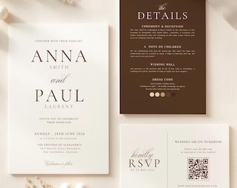 May include: A set of wedding invitation cards with a minimalist design. The main card features the names "Anna and Paul" in elegant typography. Additional cards include details, RSVP information, and a QR code. The color scheme is white and brown.